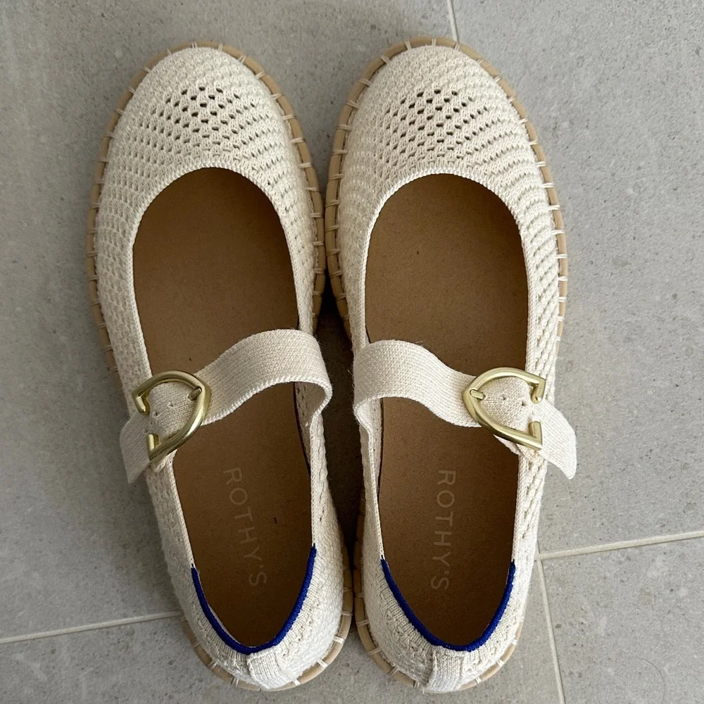 Rothy's Cream Knit Espadrille Mary Jane Flats with Gold Buckles